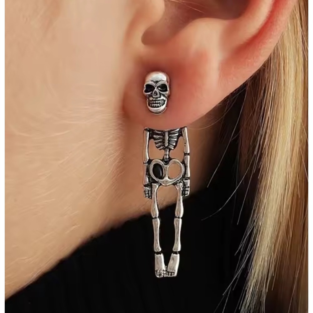 NWT Antiqued Silver Skeleton Front Back Ear Jacket Earrings Halloween Jewelry